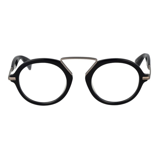 Yohji Yamamoto Black Men Glasses Frame, round full-rim, plastic material, demo lenses, branded soft case included.