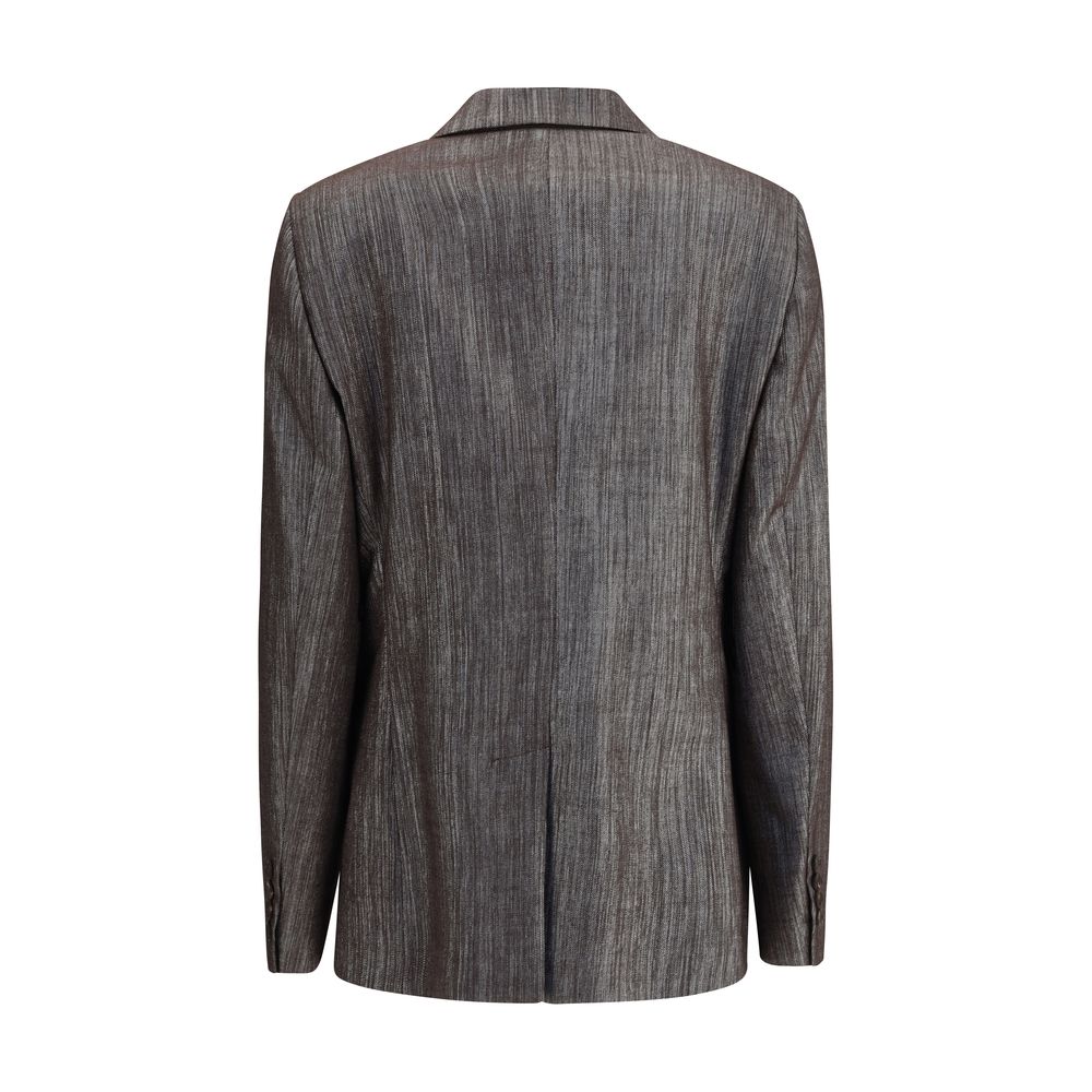 Back view of Brunello Cucinelli Yellow Polyester Blazer highlighting classic tailoring and comfortable back slit.