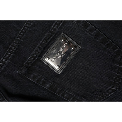 Dolce & Gabbana Black Cotton Tattered Mid Waist Denim Jeans