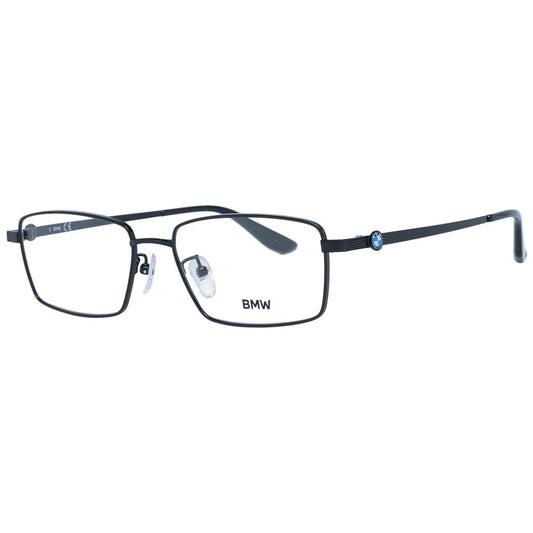BMW Black Men Glasses Frame in full-rim titanium, rectangle style with plastic demo lenses and branded case included. Size 56-17-145.