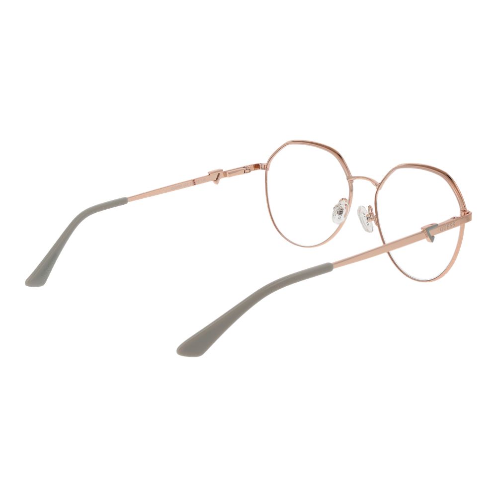 Guess Rose Gold Women Glasses Frame, round full-rim metal eyewear, rose gold color, demo lenses, 55-16-140 dimensions.