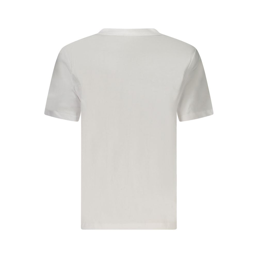 Back view of Calvin Klein White Cotton Women T-Shirt showcasing minimalist design and crew neck made from breathable cotton fabric.
