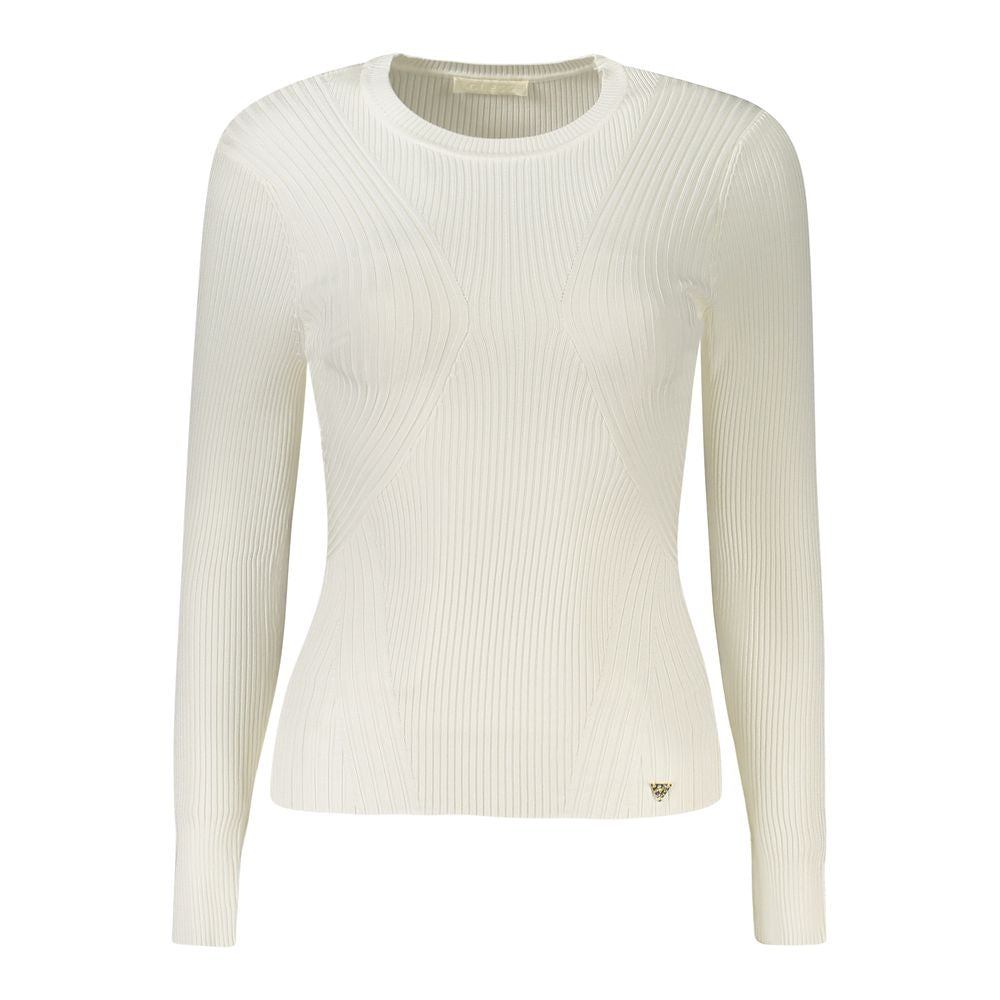 Guess Jeans White Viscose Sweater - Long-sleeved, crew neck, with logo, style enhancement