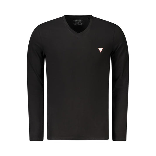 Guess Jeans Black Cotton T-Shirt, long sleeve, super slim fit, V-neck with applique logo, made from organic cotton.