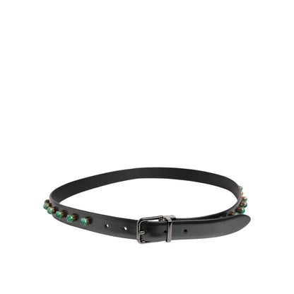 Dolce & Gabbana Black Leather Studded Silver Tone Buckle Belt