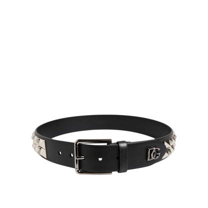 Dolce & Gabbana Black Leather Studded DG Metal Buckle Belt