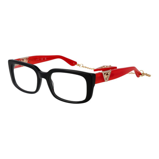 Guess Black Women Glasses Frame, acetate full-rim black rectangle style with red temples, includes branded case.
