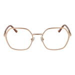 Guess Gold Women Glasses Frame, square full-rim gold metal design with demo lenses, spring hinge, size 53-19-140, includes branded case.