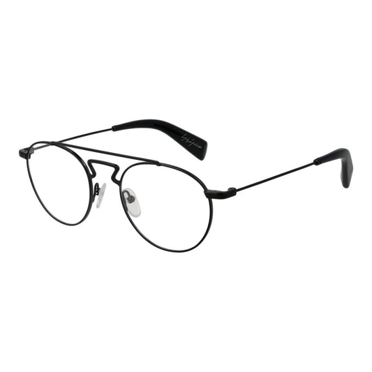 Yohji Yamamoto Black Men Glasses Frame, metal full-rim aviator style with demo lenses, 50-20-145 size, includes branded soft case.