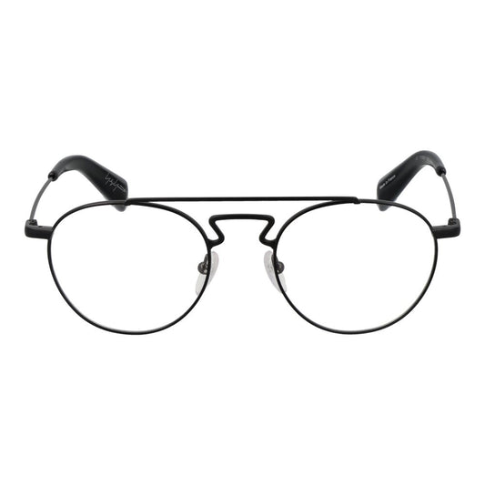 Yohji Yamamoto Black Men Glasses Frame, aviator style, full-rim, metal frame with demo plastic lenses, includes soft case.