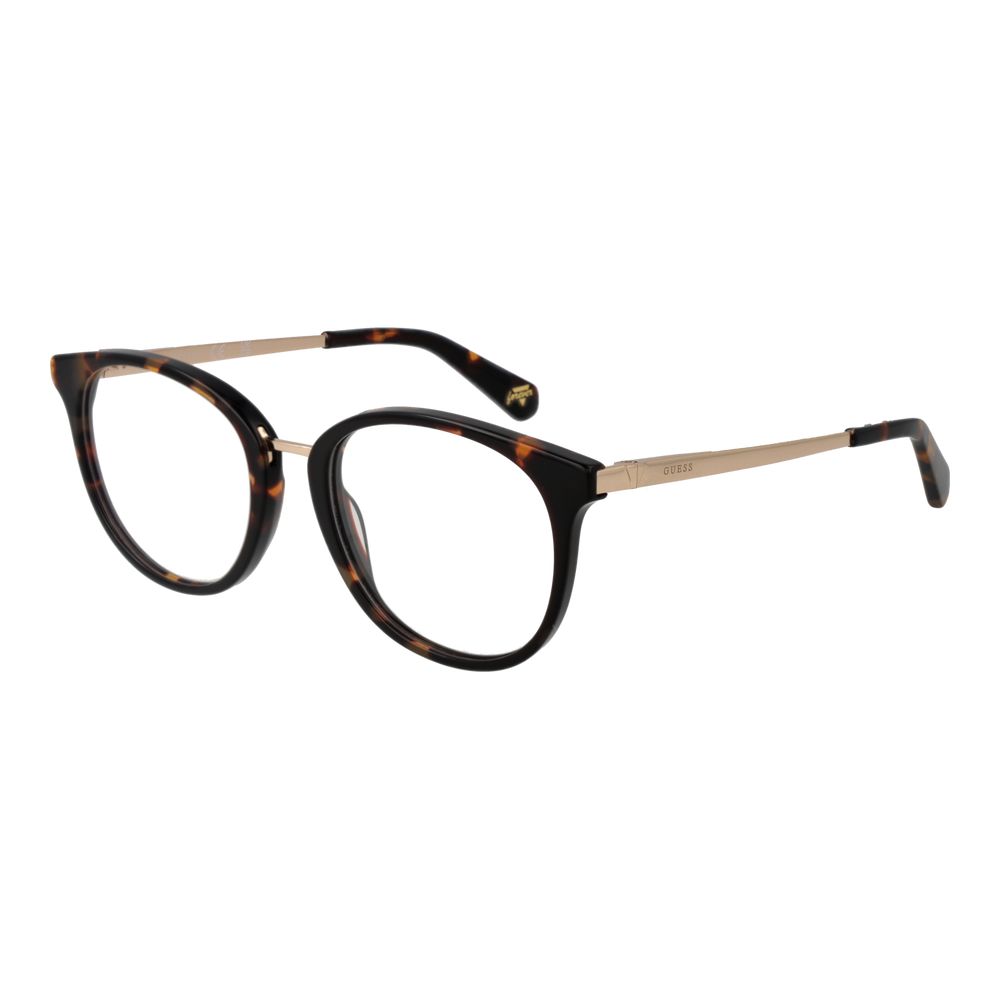 Guess Brown Unisex Glasses Frame in acetate with round full-rim design, demo lenses, and spring hinge for comfort. Includes branded case.