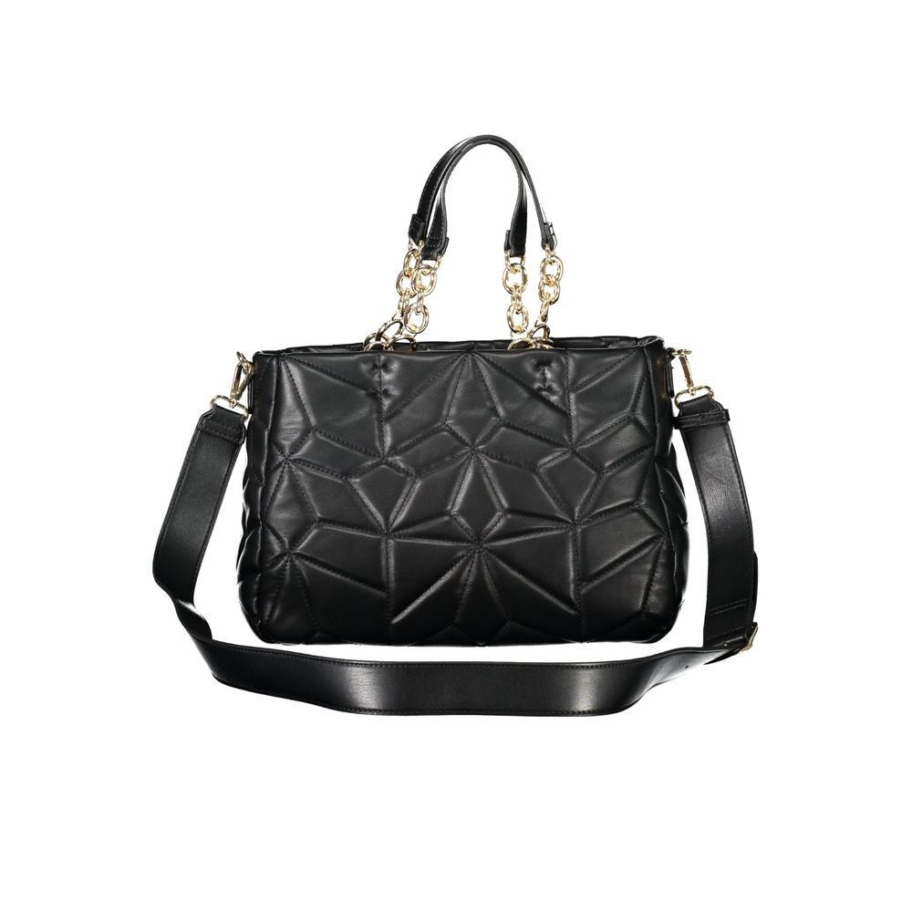 Elegant Mario Valentino Black Polyethylene Women Handbag with chic chain handles and adjustable strap, featuring bold contrasting details.