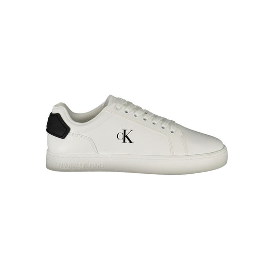 Calvin Klein White Leather Men Sneaker with black accents on a crisp white backdrop, featuring removable footbed for comfort.