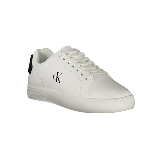Calvin Klein White Leather Men Sneaker with black accents, featuring a removable footbed for comfort and style.