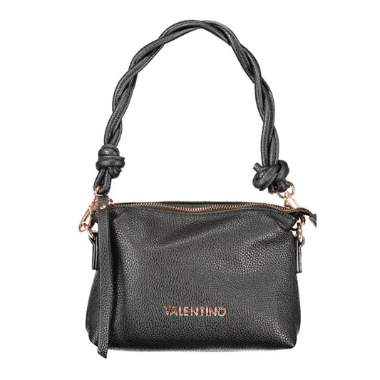 Alt Tag: Mario Valentino Black Polyethylene Women Handbag with logo and adjustable strap.