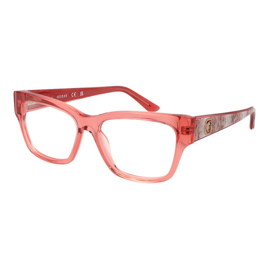 Guess Red Women Glasses Frame, full-rim rectangle style, acetate material, demo lenses, 53mm width, spring hinge, includes branded case.