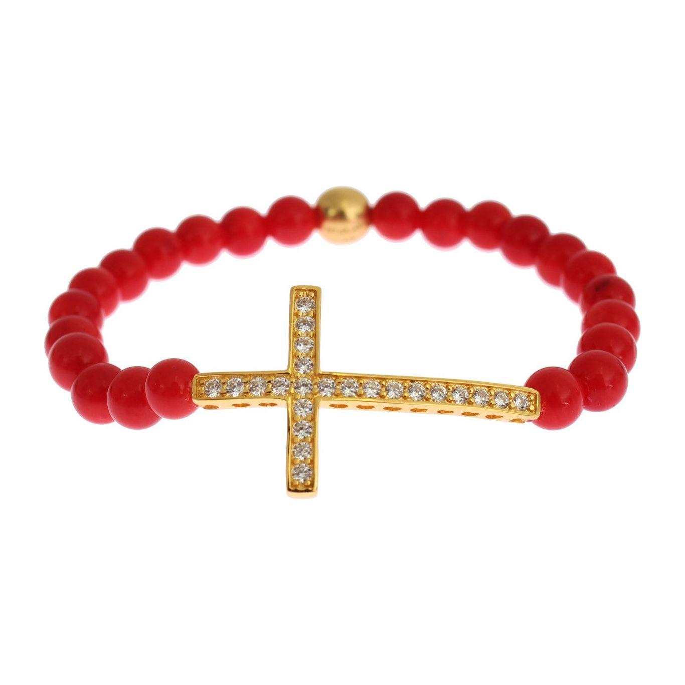 Nialaya Red Coral Gold CZ Cross 925 Silver Bracelet Bracelet
