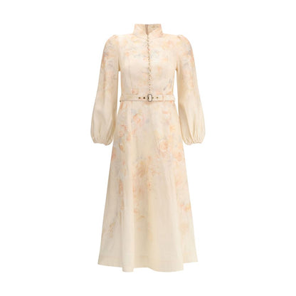 Zimmermann Multicolor Linen Casual Dress with floral design and pearl buttons, featuring a built-in adjustable belt and mandarin collar.