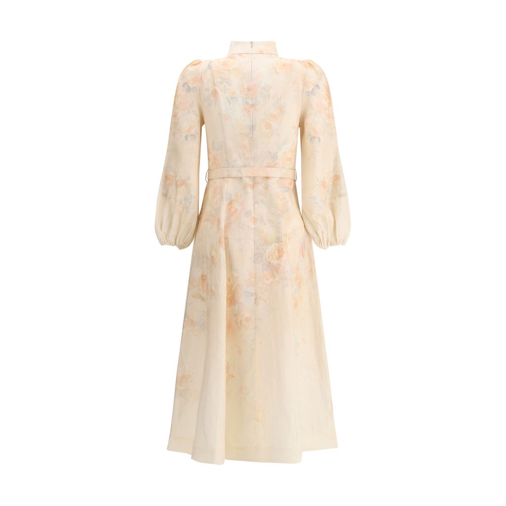Zimmermann Multicolor Linen Casual Dress with floral design, pearl buttons, adjustable belt, and buff shoulders viewed from the back.