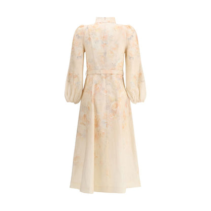 Zimmermann Multicolor Linen Casual Dress with floral design, pearl buttons, adjustable belt, and buff shoulders viewed from the back.