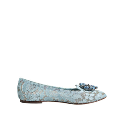 Dolce & Gabbana Blue Lace Crystal Ballet Flats Loafers Shoes