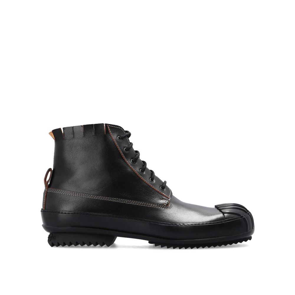 Maison Margiela Black Calfskin Lace-Up Boots with leather composition, front lace-up closure, and embossed logo detail.