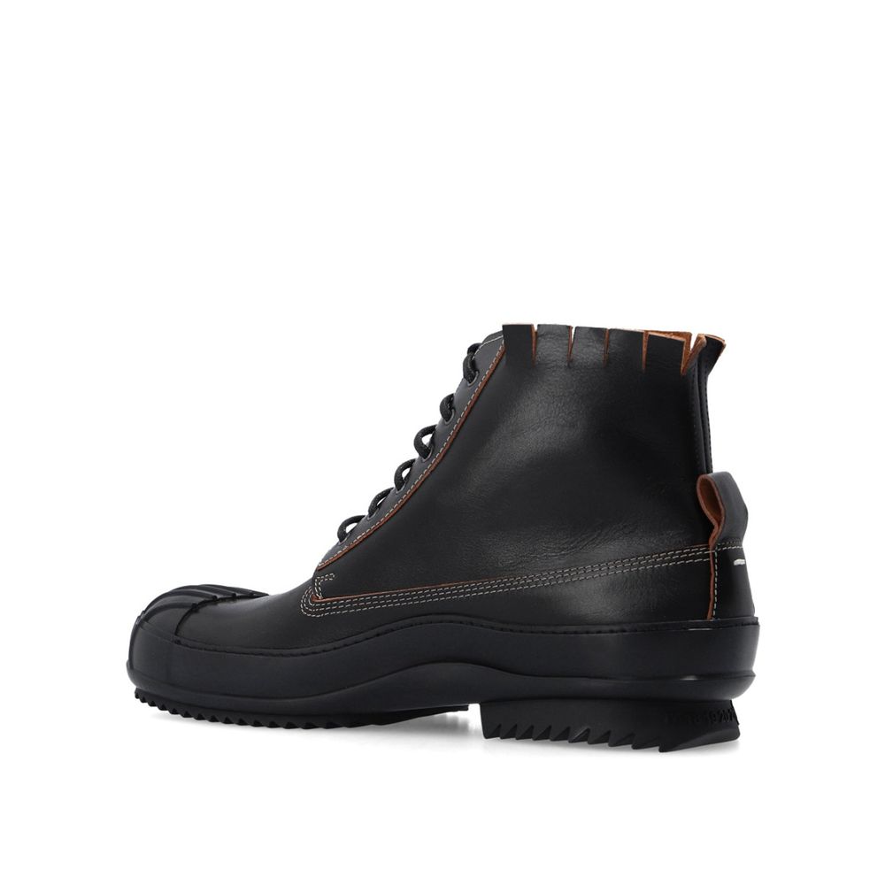 Maison Margiela Black Calfskin Lace-Up Boots with rubber sole and rear pull tab, side view, made in Italy, men's footwear.