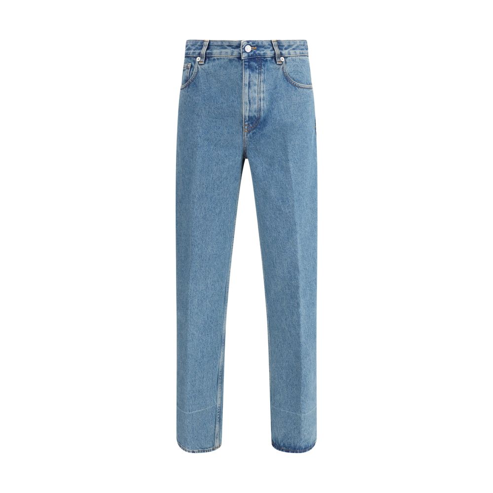 Valentino Blue Cotton Straight-Leg Jeans with button closure, five-pocket design, belt loops, and logoed leather patch, made in Italy.