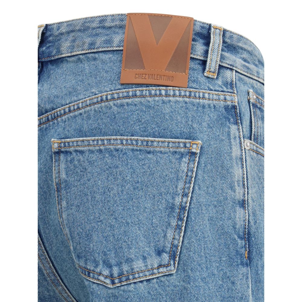 Valentino Blue Cotton Straight-Leg Jeans with logoed leather patch, classic five-pocket design, and belt loops, back view.