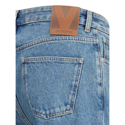 Valentino Blue Cotton Straight-Leg Jeans with logoed leather patch, classic five-pocket design, and belt loops, back view.