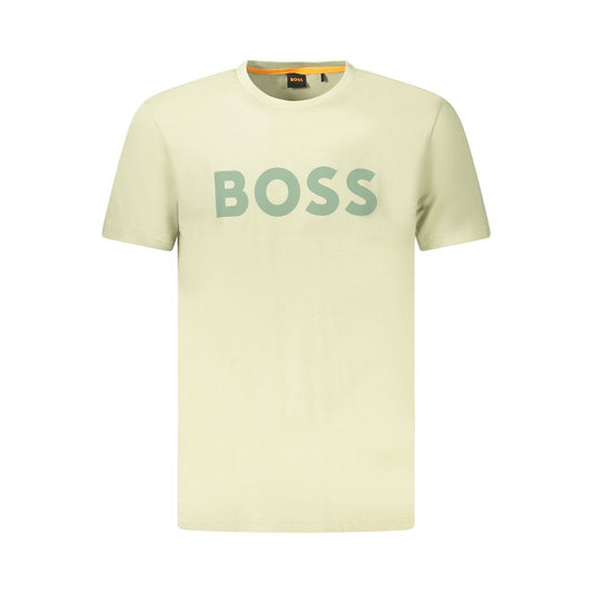 Hugo Boss Green Cotton Men T-Shirt featuring a bold logo print on premium organic material for the modern eco-conscious trendsetter.