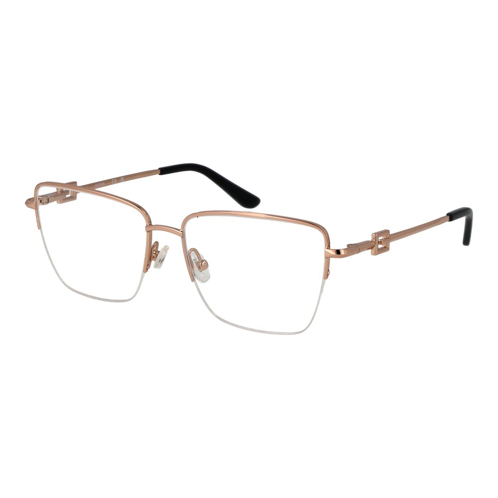 Guess Rose Gold Women Glasses Frame, metal half-rimmed square style with demo lenses, spring hinge, includes branded case.
