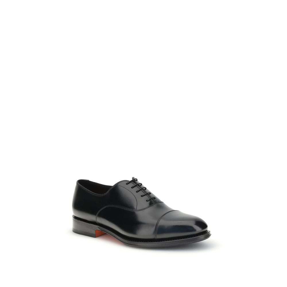 Santoni Black Calf Leather Bos Taurus Oxfords And Derbies with classic design, round toe, durable Goodyear construction.