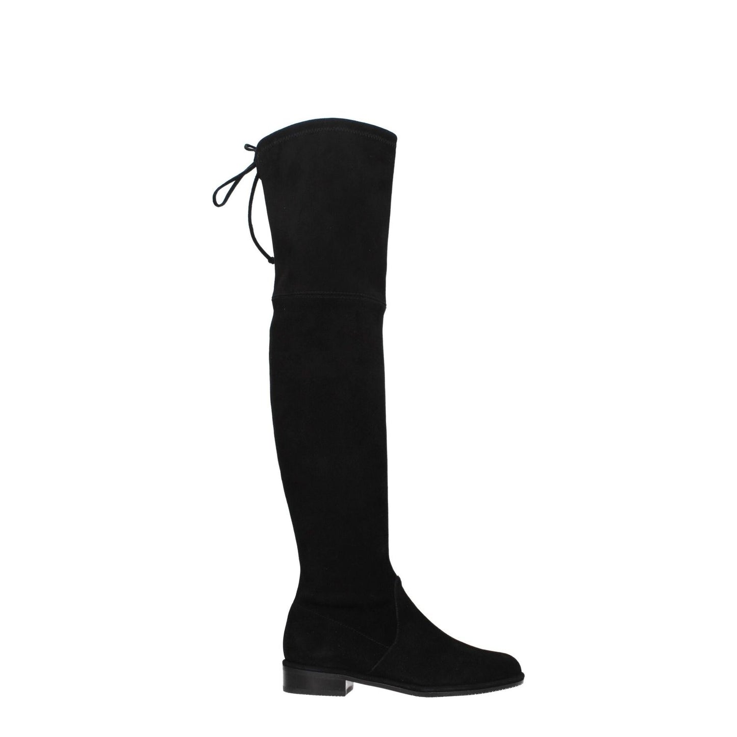 Stuart Weitzman Black Leather Over The Knee boots with low flat heels and round toe design.
