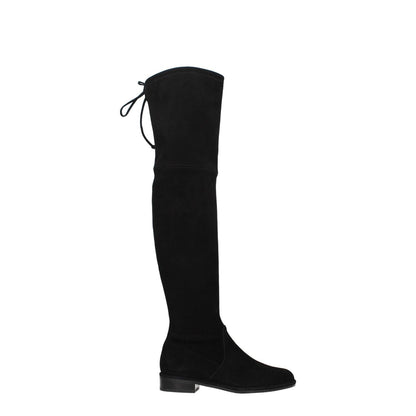 Stuart Weitzman Black Leather Over The Knee boots with low flat heels and round toe design.
