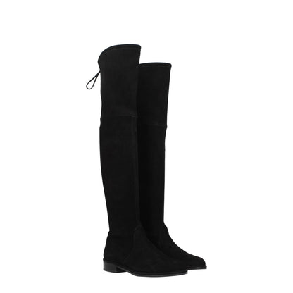 Stuart Weitzman Black Leather Over The Knee boots, suede material, low flat heel, round toe, self-tie closure, MPN LOWLANDSUSS6555BLK.