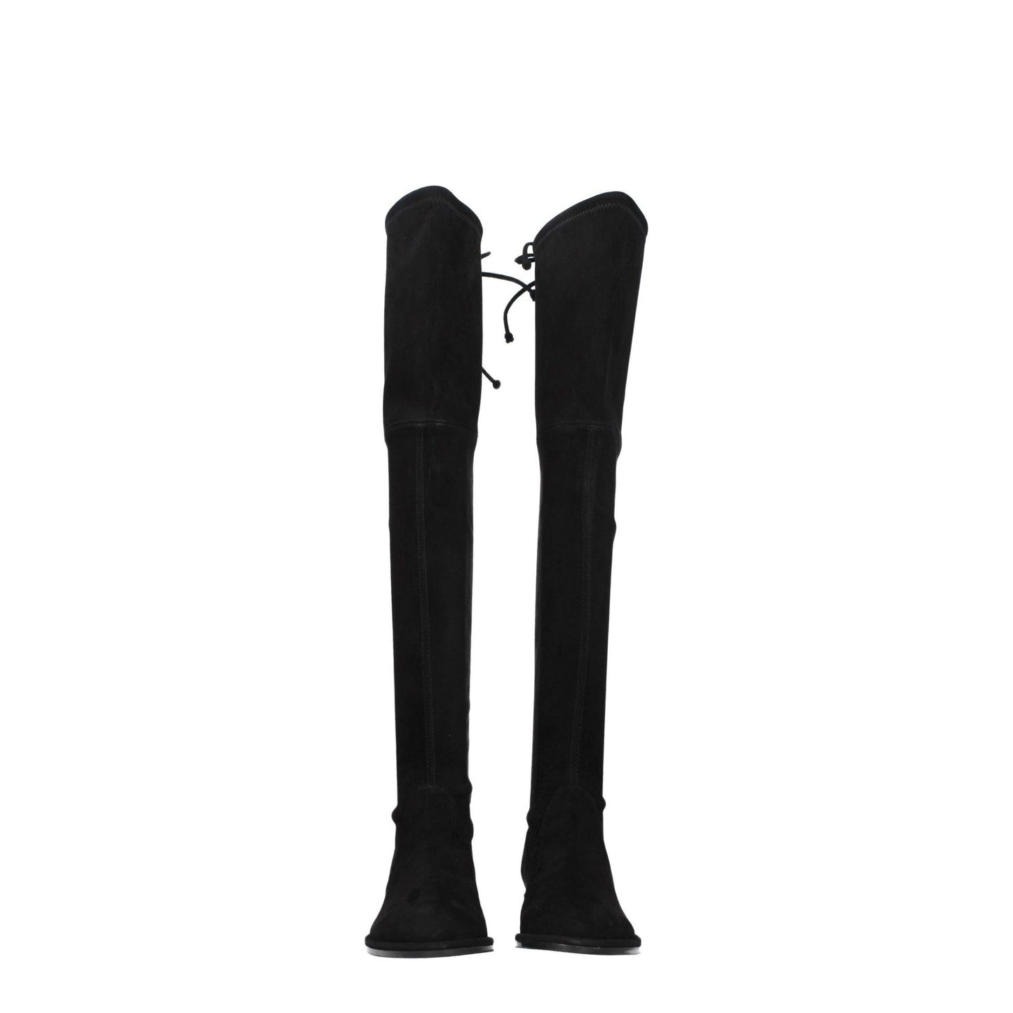 Stuart Weitzman Black Leather Over The Knee boots, casual style with self tie closure, suede material, round toe, and low flat heel.