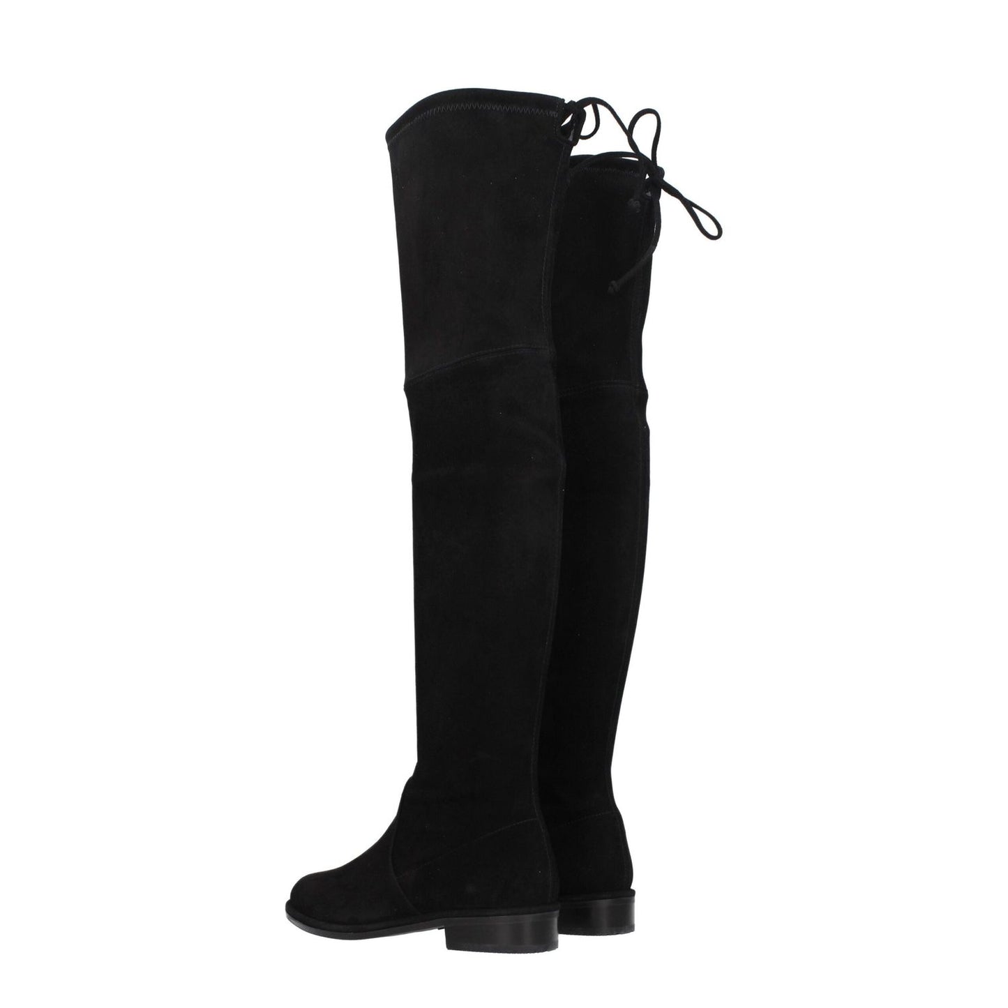 Stuart Weitzman Black Leather Over The Knee boots with self-tie closure in suede, round toe, low flat heel, rubber sole.