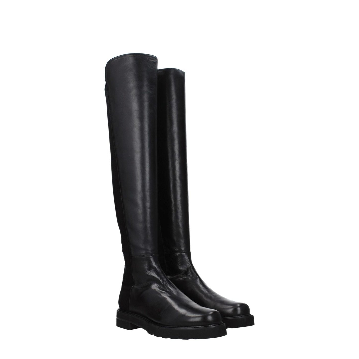 Stuart Weitzman Black Leather Over The Knee boots with aged effect, rubber sole, round toe, and mid heels.
