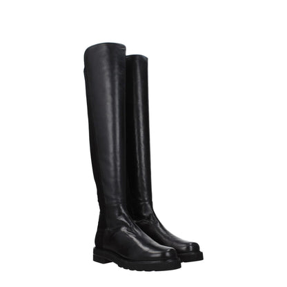 Stuart Weitzman Black Leather Over The Knee boots with aged effect, rubber sole, round toe, and mid heels.