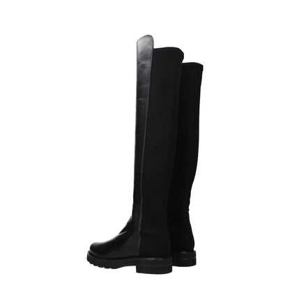 Stuart Weitzman Black Leather Over The Knee boots, aged effect, casual style, rubber sole, mid heels, round toe, 3.5 cm heel.