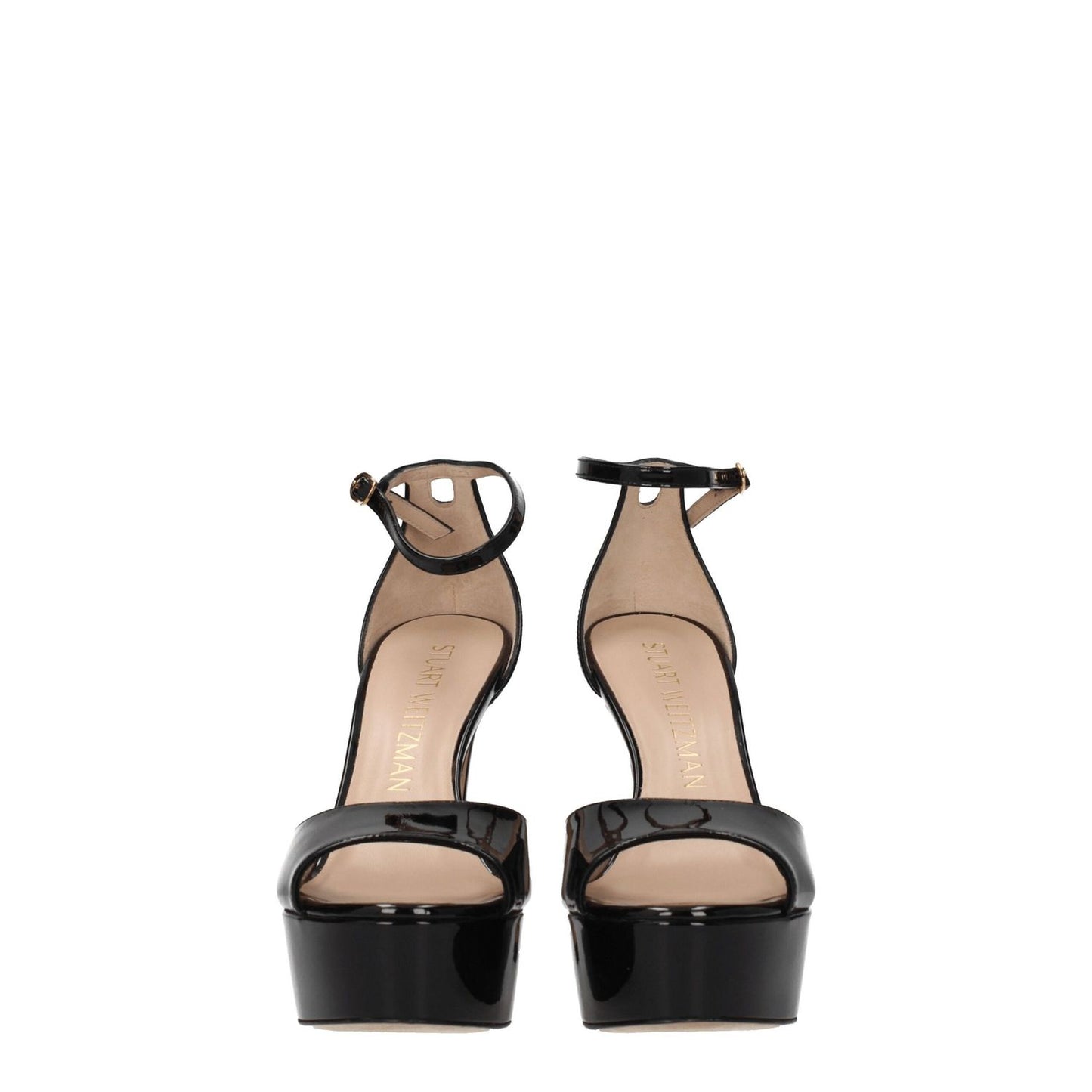 Stuart Weitzman Black Leather Platform Sandals with gold buckle, high heel, patent leather, and open toe design.