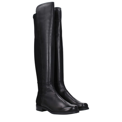 Stuart Weitzman Black Leather Over The Knee boots with vintage effect, round toe, low flat heel, rubber sole, casual style.