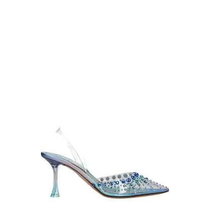 Side view of Aquazzura Transparent Pvc Stiletto Heel Sandals with rhinestone details and 7.5 cm mid heels, pointy toe, sky color.