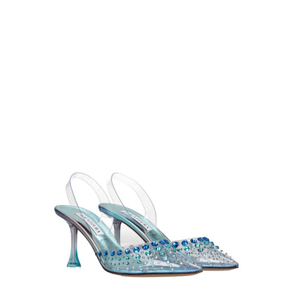 Aquazzura Transparent Pvc Stiletto Heel Sandals with rhinestones, pointy toe design, and leather sole; stylish sky blue accents.