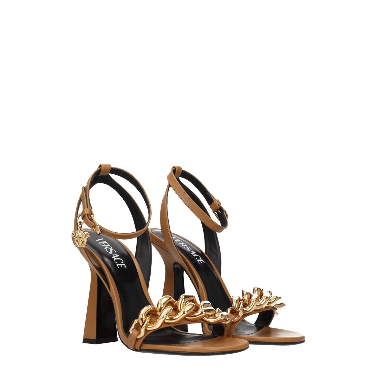Versace Brown Leather Stiletto Heel Sandals with gold chain detail, open toe, high heel, and buckle closure.