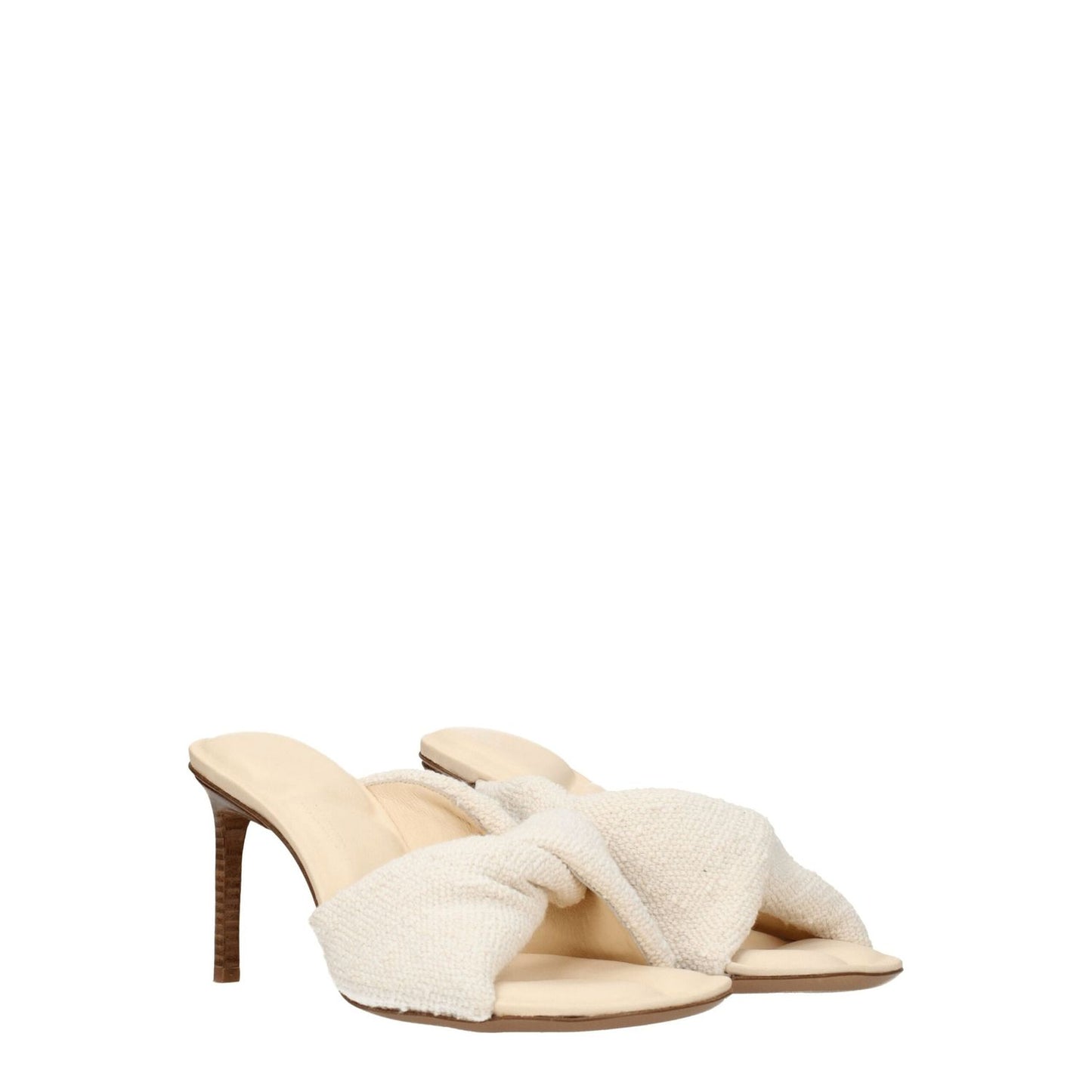 Jacquemus Beige Fabric Stiletto Heel Sandals with vintage style, open toe, and 8.5 cm mid heels in fabric and leather sole.