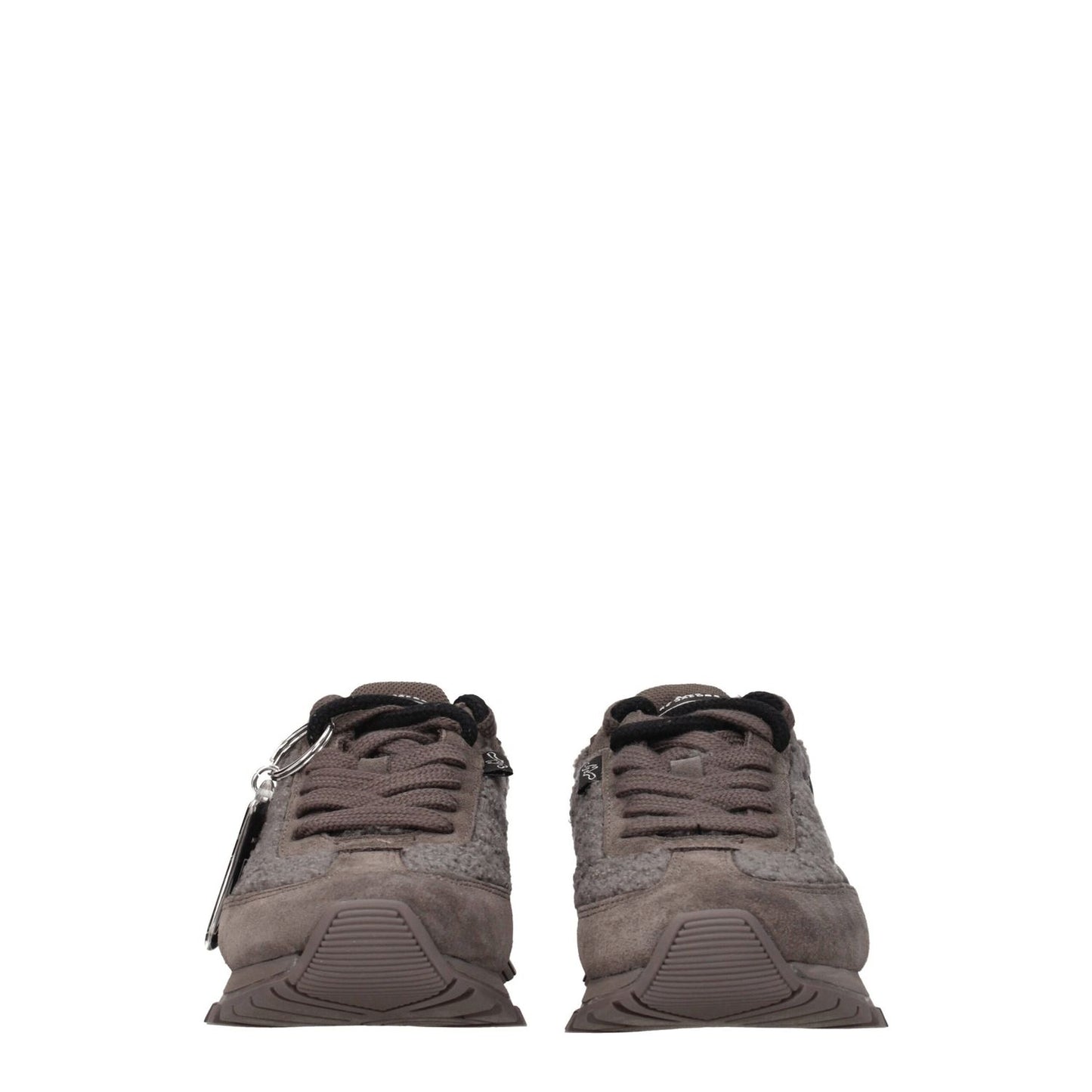 Marc Jacobs Gray Fur Chunky Sneakers with side detail, front and back logos, lace-up closure, round toe, low flat heel, and rubber sole.