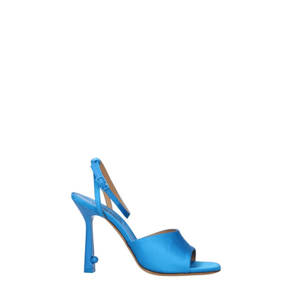 Off-White Blue Satin Stiletto Heel Sandals with open toe and buckle closure, 10.5 cm high heel, leather sole.