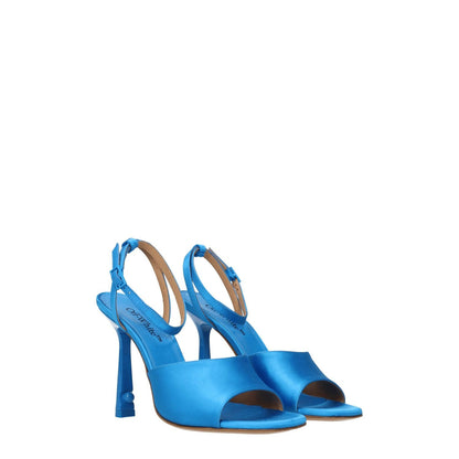 Off-White Blue Satin Stiletto Heel Sandals with open toe and buckle closure, featuring a 10.5 cm high leather heel and luxury design.